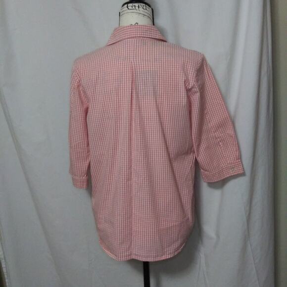 Denim & Co Peach Gingham Button Front Shirt 3/4 Sleeves Button Down Stretch S-M - Picture 6 of 10